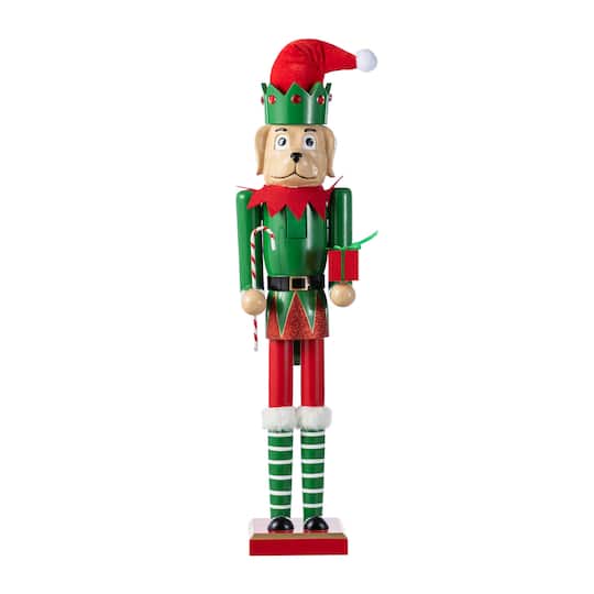 Glitzhome® 23.5"H Wooden Christmas Elf Dog Nutcracker